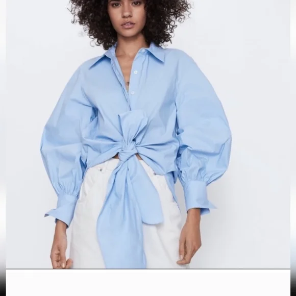 Zara Button Down Poplin Shirt Tie Front S - Picture 3 of 15